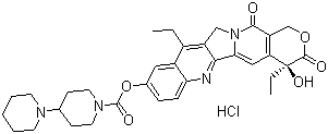 Irinotecan hydrochloride, (S)-[1,4'-Bipiperidine]-1'-carboxylic acid, 4,11-diethyl-3,4,12,14-tetrahydro-4-hydroxy-3,14-dioxo-1H-pyrano[3',4':6,7]indolizino[1,2-b]quinolin-9-yl ester hydrochloride, CAS #: 100286-90-6