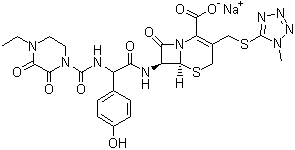 Cefoperazone sodium, [6R-[6alpha,7beta(R*)]]-7-[[[[(4-Ethyl-2,3-dioxo-1-piperazinyl)carbonyl]amino](4-hydroxyphenyl)acetyl]amino]-3-[[(1-methyl-1H-tetrazol-5-yl)thio]methyl]-8-oxo-5-thia-1-azabicyclo[4.2.0]oct-2-ene-2-carboxylic acid sodium salt, CAS #: 62893-20-3